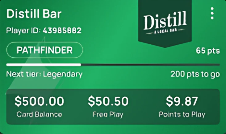 Distill Bar club card: $500.00 card balance, $50.50 Free Play, $9.87 points to play, Pathfinder tier