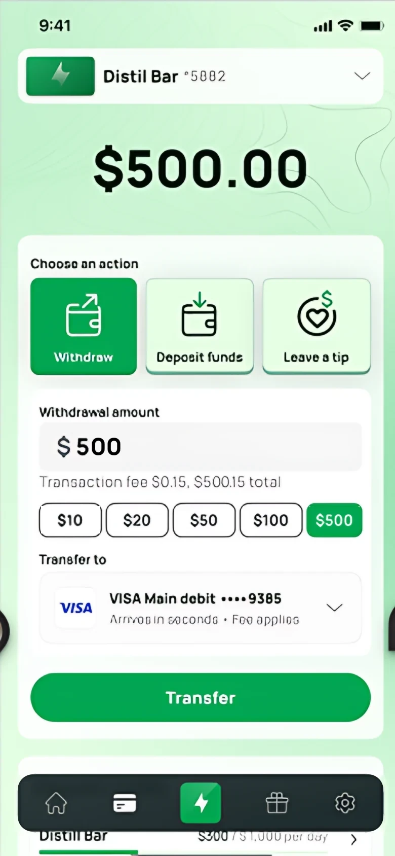 Withdraw: $500 to a Visa debit card, arrives in seconds