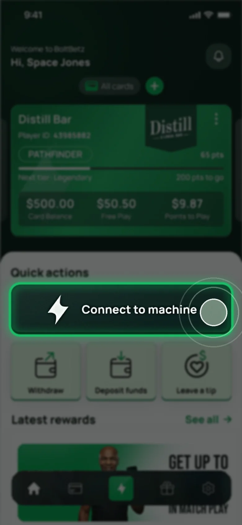 The BoltBetz Home screen with the Connect to machine button highlighted and tapped